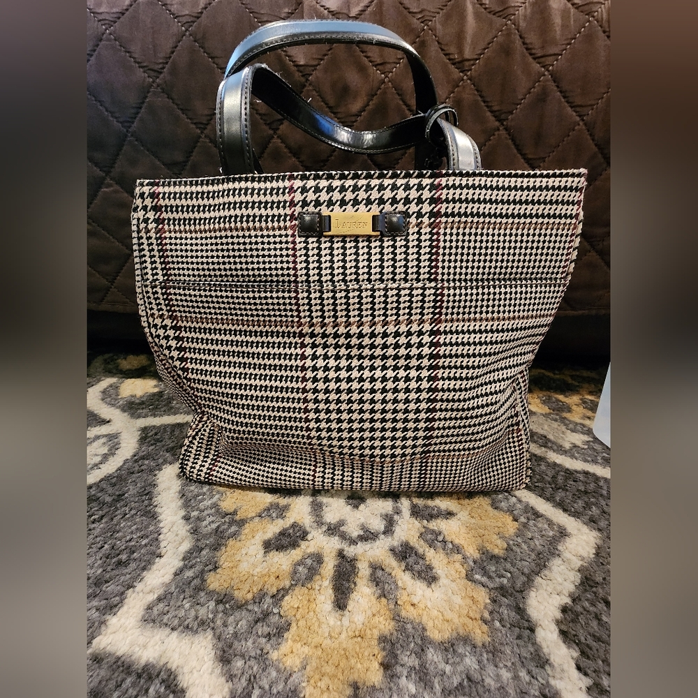 * 🚨 Vintage RALPH LAUREN Houndstooth Plaid Canvas Bag Purse Handbag medium